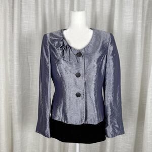 Kasper Blazer Jacket Womens 8 Gray Shiny Bow Neck Three Button Lined Dressy